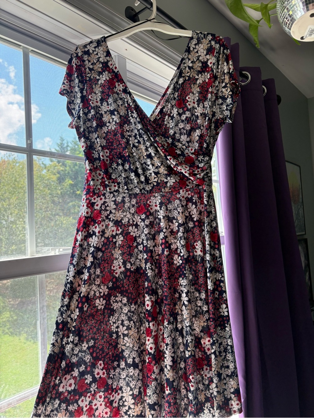 Kaileigh Navy Floral Wrap Midi Dress with Red and White Accents